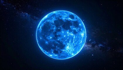 Fototapeta premium A luminous blue planet Earth and the glowing moon shine against the dark cosmos of a star-filled galaxy within the vast night sky of the universe