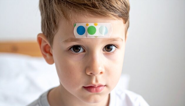 Child with Temperature Patch on Forehead Portrait Indicating Wellness Monitoring and Health Awareness.