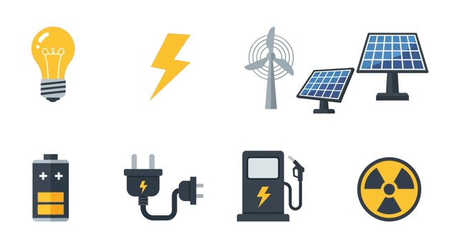 Illustration of varied energy sources and representations on a white background without commas