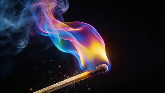 Vibrant High Resolution Image of Burning Matchstick with Colorful Smoke Plumes