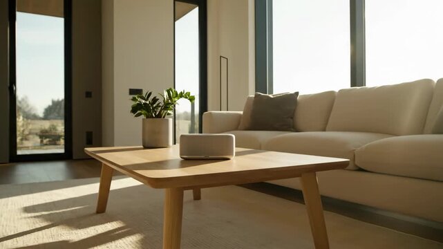 Modern living room with smart speaker on coffee table, sunlight streaming through large windows, creating a cozy and inviting atmosphere