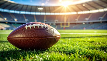 Obraz premium A brown leather american football ball rests on the green grass of an empty stadium field ready for a college sport competition