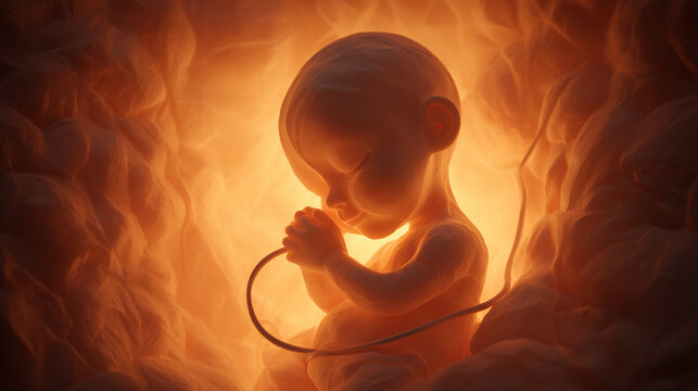 Ethereal fetus in womb holding umbilical cord, glowing prenatal life concept with warm light, human development and pregnancy miracle illustration