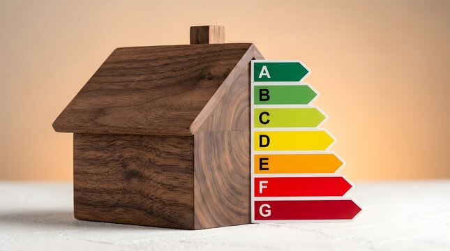 Wooden house model displaying energy efficiency rating scale, positioned on a white surface against a neutral background for home sustainability