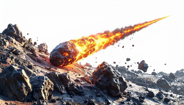 Fiery Asteroid Descending over Rocky Terrain Depicting Cosmic Impact and Dramatic Celestial Event.