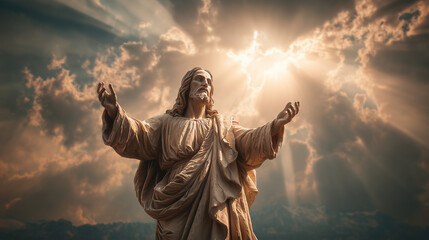 Obraz premium Statue of Jesus Christ with raised hands under dramatic sky with radiant sunlight, symbol of faith, divine presence, hope and spirituality