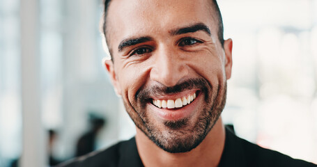Fototapeta premium Happy, business and man with portrait in office for career pride, about us and real estate. Smile, male person and realtor with ambition for auction experience, consultant and property development