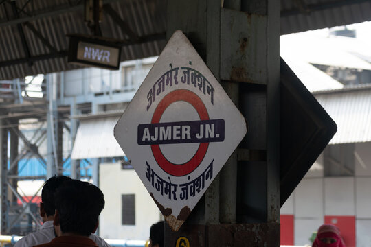 Ajmer, India - 07 February 2026, Platform board, sign name plate at Ajmer railway station(western railway) written in Hindi and English. Local, traffic, rains, accident, mega block, bullet, Rajasthan
