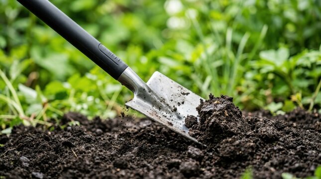 Close-up of a metallic shovel blade digging into rich, dark soil outdoors, preparing for garden planting.