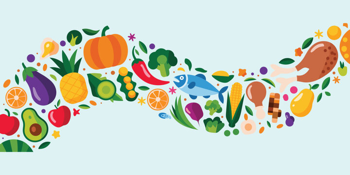 Diverse assortment of fresh fruits vegetables fish and cooked food items forming a wavy pattern Keywords: food, fruit, vegetable