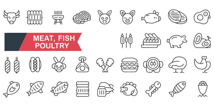Diverse Line Art Icons Representing Meat Fish and Poultry Products food
