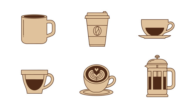 A collection of brown coffee objects including mugs, takeaway cups, latte art, and a French press, vector illustration on a light background