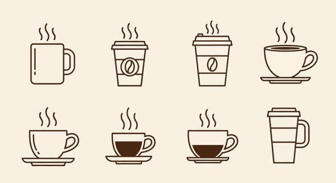 Assortment of Brown Toned Coffee Cups, Takeaway Mugs, and Alert Icon