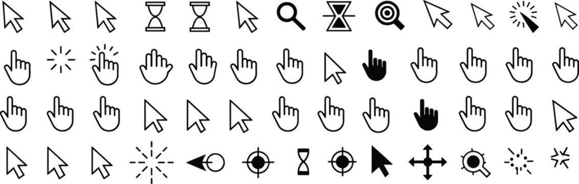 Extensive collection of cursor and pointer icons in black and white on white background Keywords: cursor, pointer, mouse, click