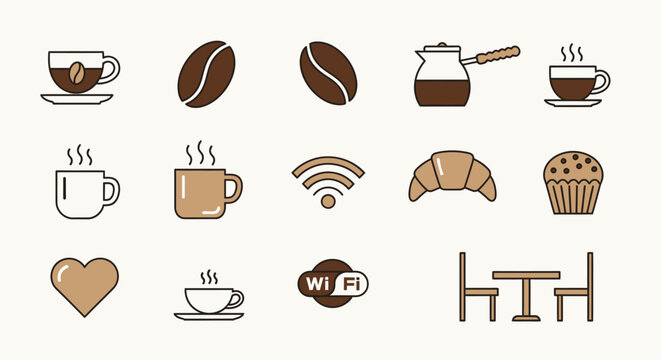 Complete Cafe and Coffee Shop Experience Icons Set in Light Beige Studio Background