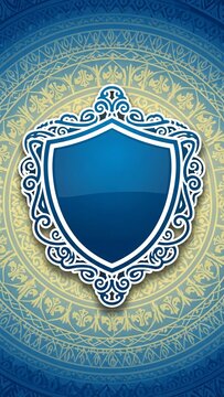 Elegant blue shield emblem on ornate background