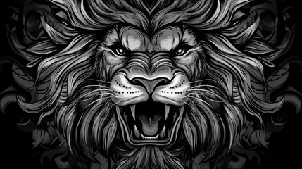 Obraz premium Detailed Monochrome Lion Illustration: A Powerful Representation of Strength, Majesty, and Wildness on a Dark Background for Artistic Use