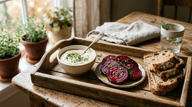 Cozy rustic breakfast tray with fresh bread, roasted beets, and herbal dip by a window