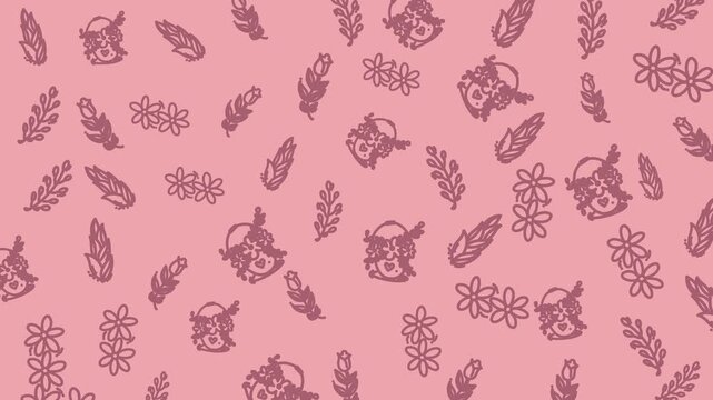Pink background with whimsical floral and leaf sketches. Delicate hand-drawn patterns float in a gentle, repeating design. Soft, pastel tones evoke calm and creativity. Ideal for greeting cards