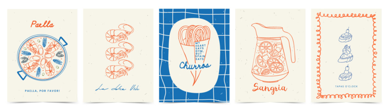 Spanish food illustration posters set. Trendy whimsical hand drawn paella, sangria, churros and tapas. Mediterranean cuisine menu design templates in minimalist doodle line art style