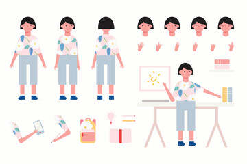 Fototapeta premium Cute Female Student Character Creation Kit Flat Vector with Multiple Poses Expressions Gestures and School Elements Isolated on BackgroundFemale student character vectorGirl character school kit