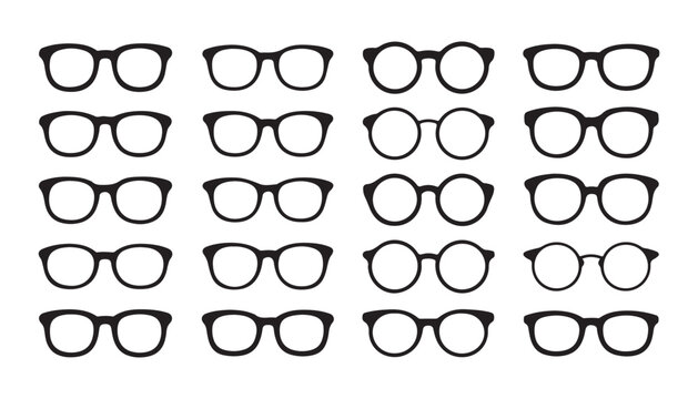 Set of black glasses vector flat icons collection isolated on white background stock illustration.