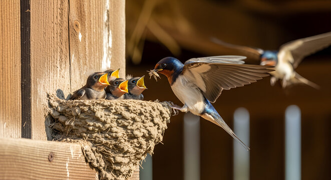 Swallow feeding chicks in a nest made of mud on a wooden wall  
