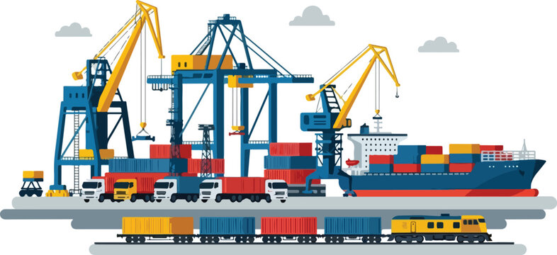 Container ship loading and unloading at a busy port with cranes, trucks, and trains