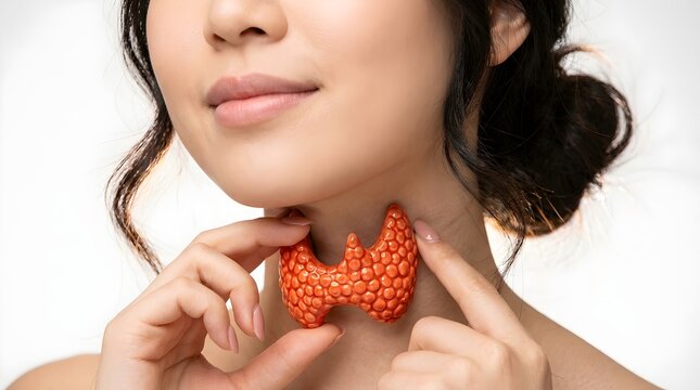 Young woman touching her neck near the thyroid gland, isolated against a white background indicating medical awareness for endocrine system health