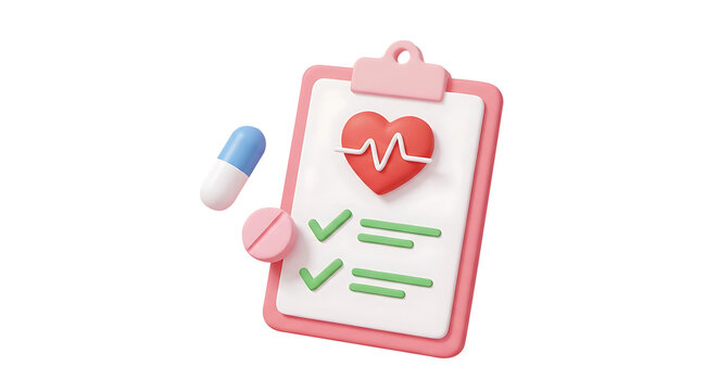 3D Medical Health Report Clipboard with Heartbeat and Pharmacy Pill Capsule Icon