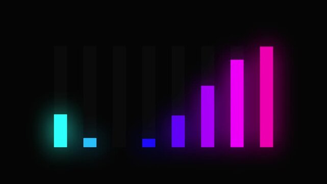 Vertical neon bar chart loading animation with pulsing equalizer bars, seamless loop 4K