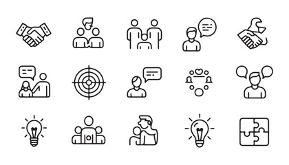 Fototapeta premium Business and teamwork line icon set featuring handshake target and communication bubble characters.