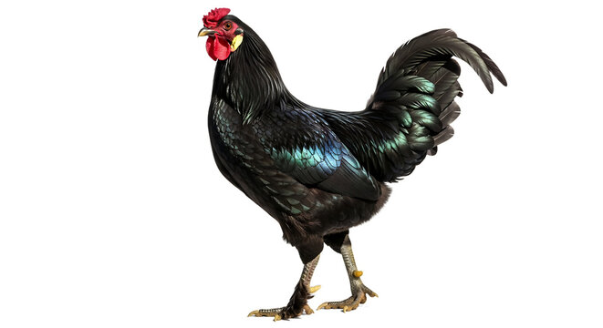 Black australorp rooster with iridescent feathers with white background