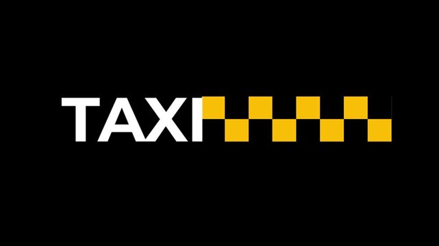 The word TAXI is written in bold white letters followed by a horizontal yellow and black checkered pattern that stretches across the black space