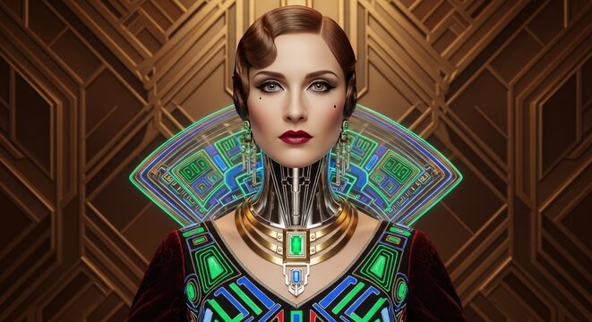 High-Fashion Tech Portrait,Neo-Traditional Beauty with Glowing Circuitry