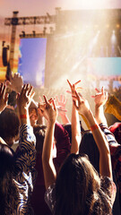 Crowd raising hands at music festival stage with bright sunlight and atmospheric haze. Concept of live event promotion, summer music branding, youth culture marketing, and entertainment content. © Lustre Art Group 