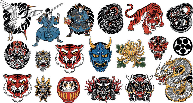 Hand-Drawn Japanese Tattoo Illustration Set with Tigers, Dragons, Samurai, Demonic Masks, and Traditional Symbols for Vintage and Mystical Art Concepts