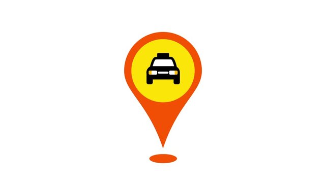 A bright orange map pin icon contains a small car silhouette in the center to represent a specific pickup location for a taxi on a white background