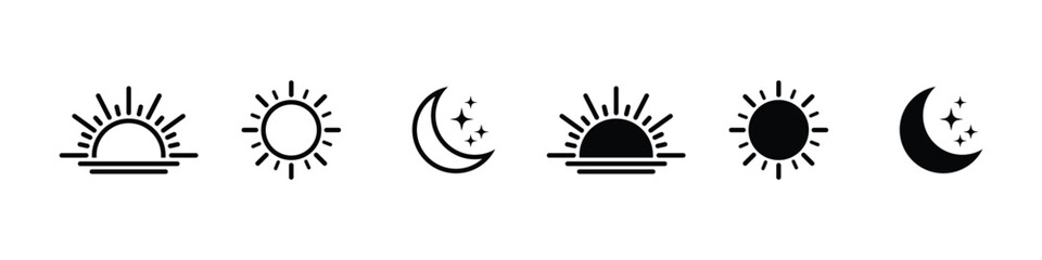 Time of the day icons displaying morning sunrise, bright noon sun, evening sunset, and night moon with stars representing daily cycle, weather, calendar, and environment concept vector design  © AI Images Studio