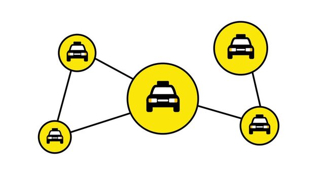 Five small yellow circles containing car icons are connected by thin black lines to show a network of available taxis on a plain white background