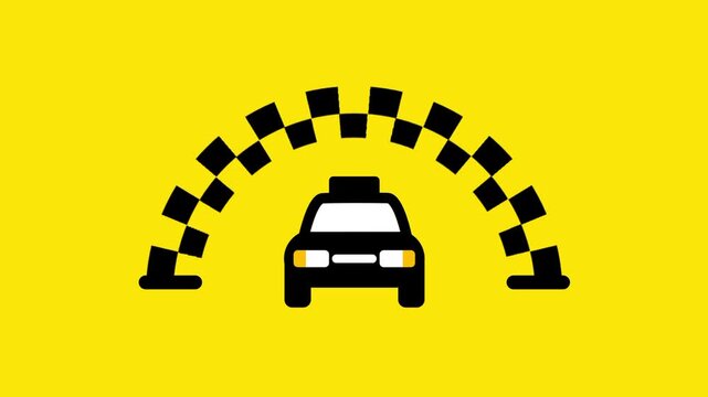 A black car icon is centered under an arching bridge of black and yellow checkers against a vibrant yellow background to create a unique logo style