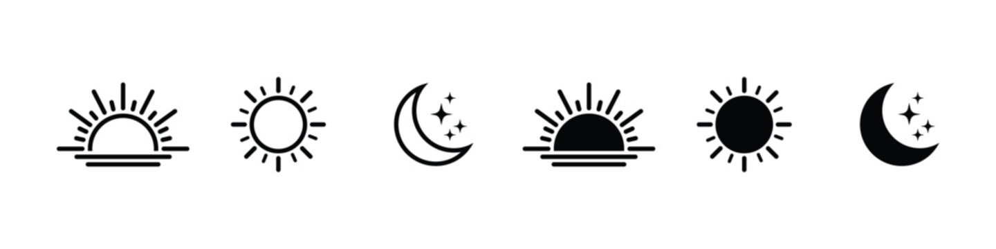 Time of the day icons displaying morning sunrise, bright noon sun, evening sunset, and night moon with stars representing daily cycle, weather, calendar, and environment concept vector design 
