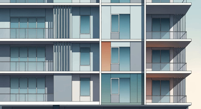 Architectural depiction of a modern building facade with geometric shapes and minimalist design