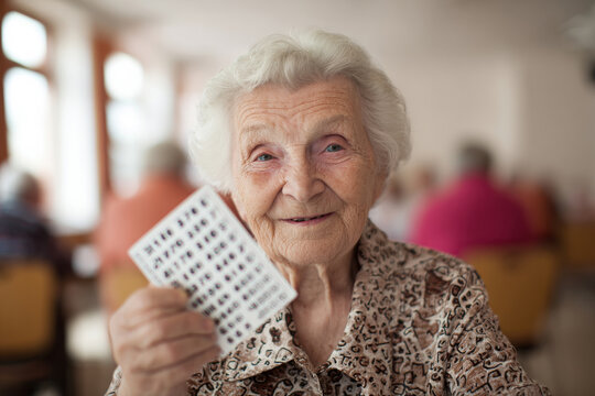 Close-up of elderly woman playing bingo, holding numbered card, community hall softly blurred, bright even lighting, natural wrinkles and smile lines elegant template