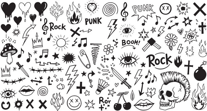 Hand-drawn Punk Rock Doodles, Skulls, and Street Art Graffiti Icons Vector Set