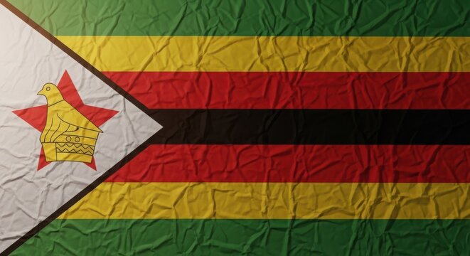 Crumpled Zimbabwe flag with vibrant colors and detailed emblem