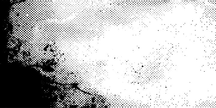 Seamless black and white abstract grunge background featuring a vector halftone pattern with ink splash dots and a dirty paint texture design element