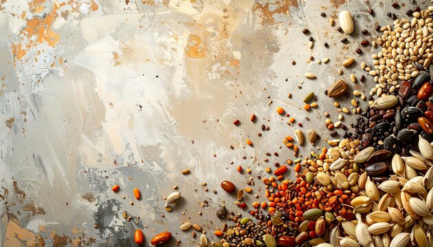 Assorted spices and seeds scattered on a rustic textured surface, creating a warm and natural food background. Ideal for cooking themes, restaurant branding, and culinary design visuals.