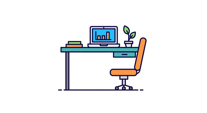 Minimalistic illustration of a workplace desk setup with a laptop and a chair