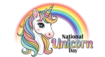 Whimsical illustration of a charming unicorn head with a vibrant rainbow mane and horn, celebrating fantasy and magic, perfect for a joyful themed day © Rahmat